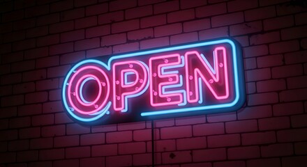 Fototapeta premium Neon OPEN Sign Glowing on Brick Wall at Night
