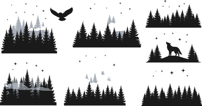 Pine forest silhouettes with trees, mountains, wolf and birds, wilderness night landscapes black vector illustration collection set