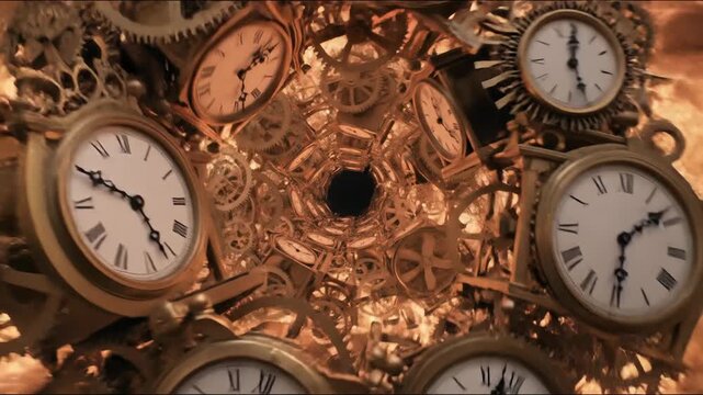 Spiral of ancient clocks in fiery time vortex concept. Surreal floating vintage clocks and gears surrounded by fiery flames representing time and mechanics