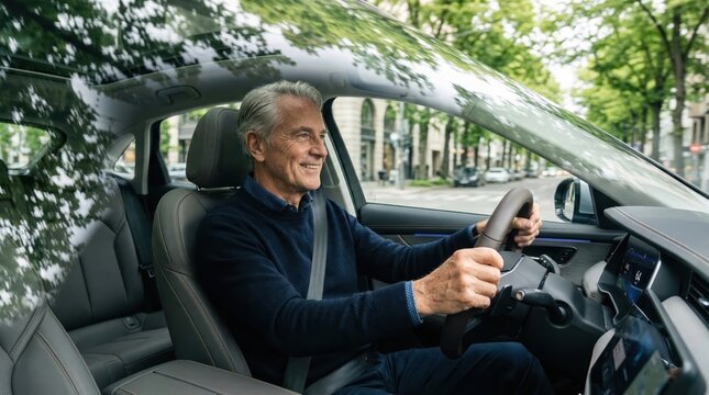 Senior man smiling behind the wheel while driving a car through the city. Active lifestyle, male driver, urban commute.