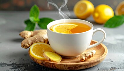 Naklejka premium Fresh closeup of a healthy hot beverage featuring a slice of citrus fruit in a white cup of herbal lemon tea with honey and mint