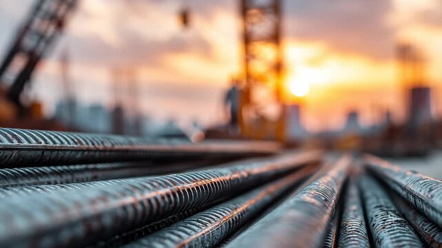 Steel rebar on construction site during sunset with crane backdrop  