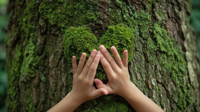 Hands forming heart shape with moss on tree trunk in forest  
