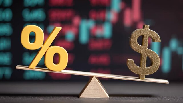 Percentage and dollar symbol on balance scale with stock market background  