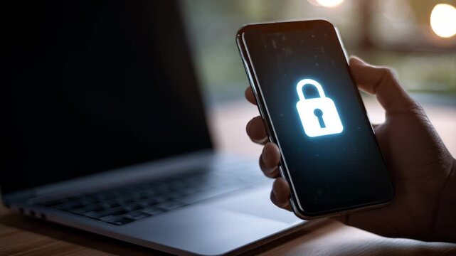 Hand holding smartphone with lock icon beside laptop on desk  
