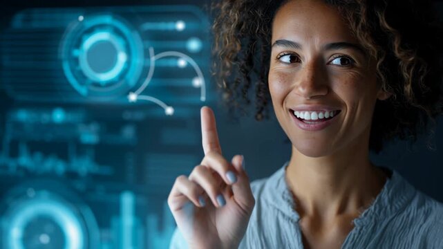 Black woman interacting with digital data and graphs while smiling  
