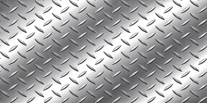 A seamless gray brushed aluminum plate texture featuring an industrial diamond pattern on a metallic silver steel surface for a textured construction material backdrop