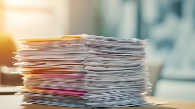 Pile of paperwork and documents on office desk in natural light  