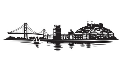 Lisbon Skyline Silhouette, Silhouette Vector, Isolated on White Background © Hin