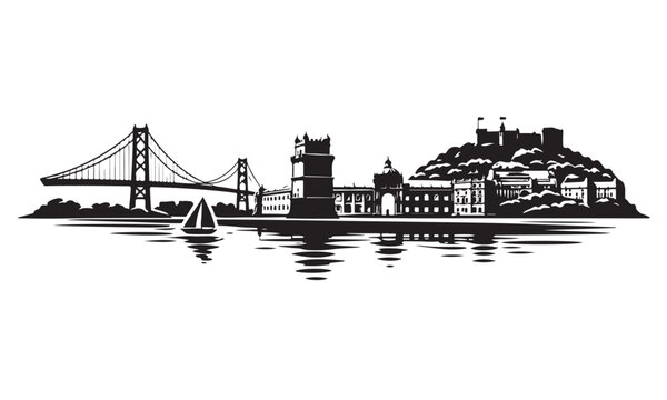 Lisbon Skyline Silhouette, Silhouette Vector, Isolated on White Background