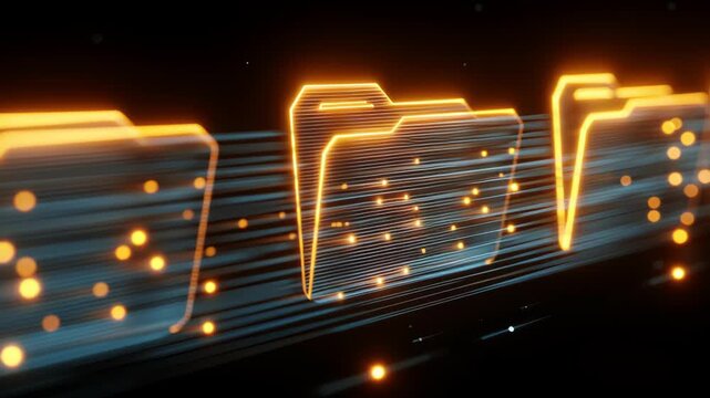 Digital folder icons with glowing outlines on dark background  