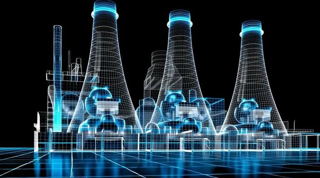 generate an illustration of the power plant in a wireframe hologram style, highlighting its three tall towers with blue digital lines for each tower and a white grid on a black background. include det