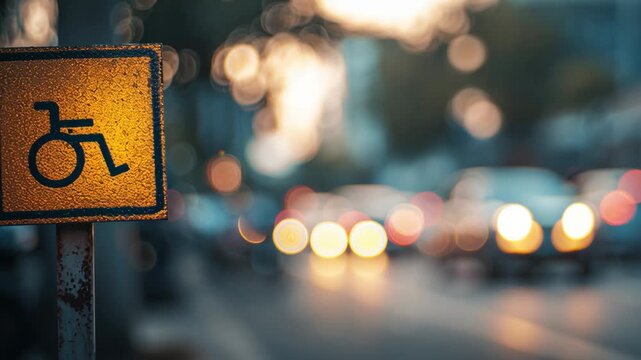 Wheelchair accessibility sign illuminated on city street at dusk  