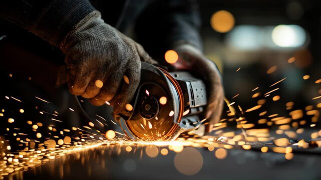 Worker using a grinding tool creating sparks in workshop setting  