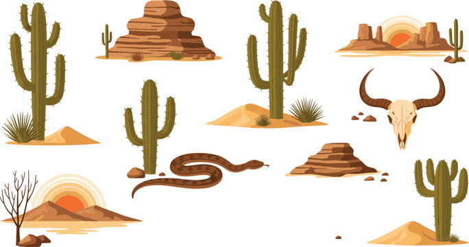 Desert landscape elements with cacti, rocks, snake and skull, wild west scenery with sunset and sand dunes vector illustration set