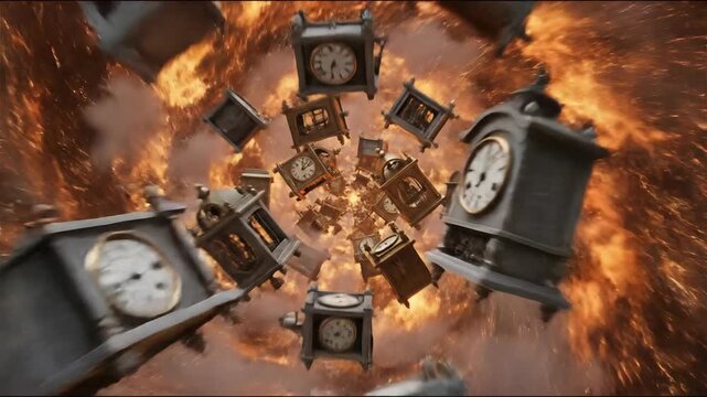 Spiral of ancient clocks in fiery time vortex concept. Ancient magical clock with glowing energy and sparks in an old workshop full of tools and artifacts
