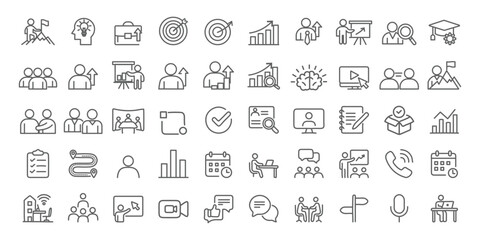 Fototapeta premium Professional Coaching and Team Management Outline Icons. Minimal Business Training Vector Set. Leadership, Mentorship & Office Collaboration Line Icons. Business icons. Business meeting, vision icons