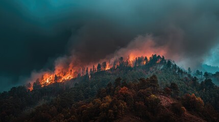 Fototapeta premium Dramatic Wildfire Erupts in Forested Mountain Landscape Under Darkened Sky with Vivid Flames and Smoke Billowing into the Atmosphere