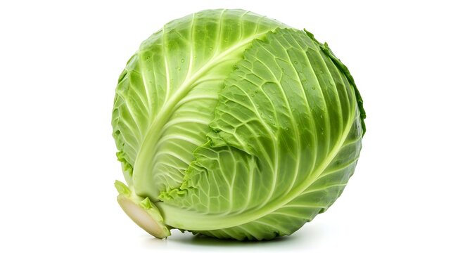 A crisp head of cabbage sits on a plain white background, showcasing its vibrant green leaves and intricate texture.
