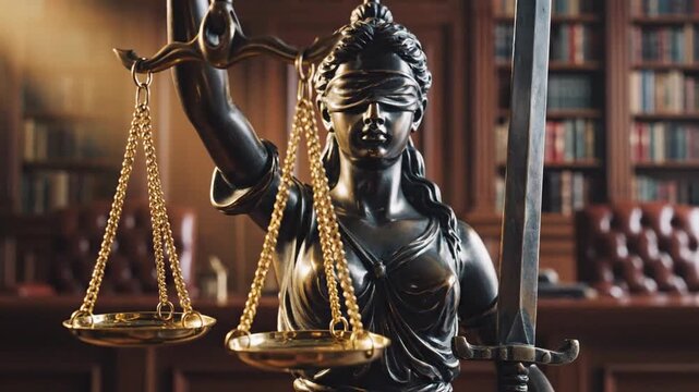 Elegant Bronze Statue of Lady Justice Themis Holding Gilded Scale and Sword Symbolizing Legal Integrity Fairness and Judicial Authority in Law Office Interior for Lawyer Concept