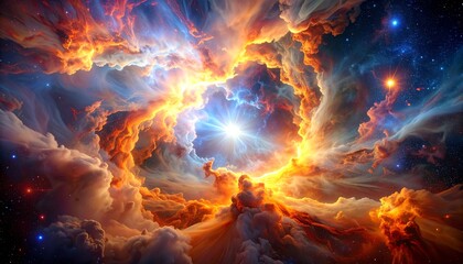 Fototapeta premium A vibrant cosmic artwork showcases a celestial explosion of radiant light and swirling, fiery gases in deep space