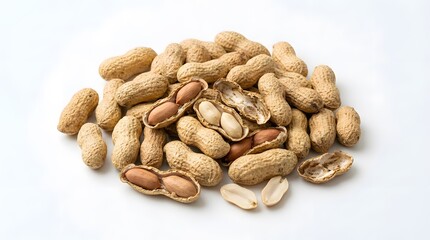 Obraz premium A pile of peanuts and peanut shells on a white background
