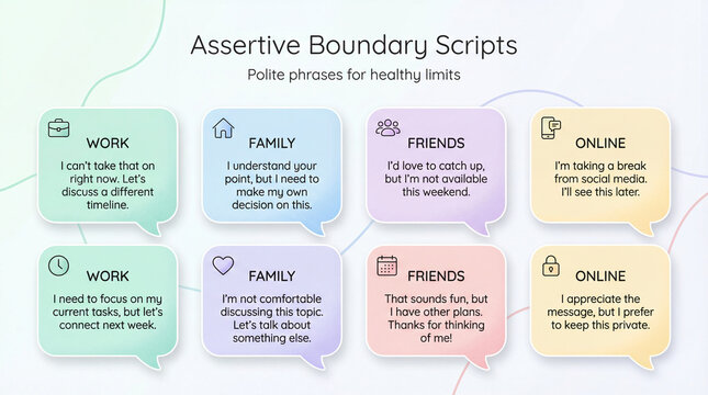 Assertive boundary scripts model healthy limits. Boundary infographic features polite phrases for work, family, friends, online settings, supporting communication skills, self respect, wellbeing