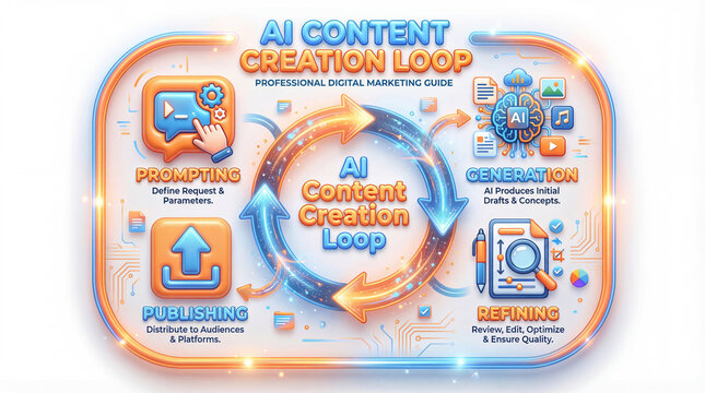 AI content loop streamlines marketing workflows. AI infographic maps prompting, generation, refining, publishing within circular workflow for digital marketing, content strategy, creative optimization