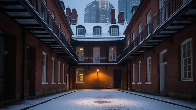 Snowy Courtyard with Historic Red Brick Buildings.