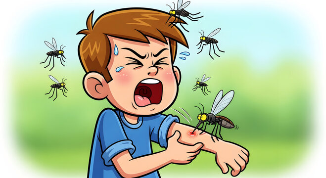 Cartoon boy screaming and swatting at mosquitos biting his arm child crying