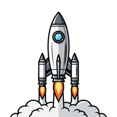 Obraz premium A stylized, cartoon-like rocket launching with bright orange flames and billowing white smoke