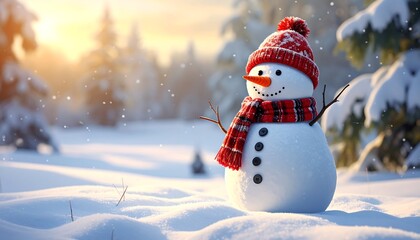 Fototapeta premium A snowman in a snowy forest at sunset