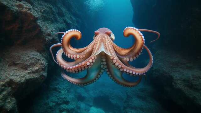 Common Octopus Swimming Through Deep Blue Sea Canyon