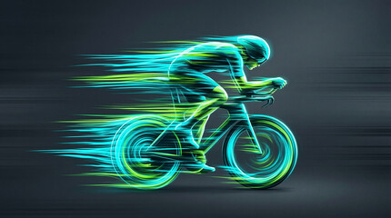 Fototapeta premium Abstract glowing neon green and blue light trails forming the dynamic motion outline of a cyclist riding a bicycle at high speed in the dark