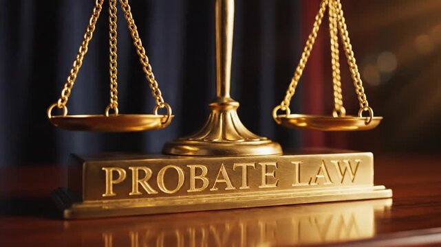 Golden Probate Law Emblem with Iconic Scales of Justice Symbol Representing Legal Inheritance Estate Planning Testamentary Rights and Judicial Process Luxury Metallic Professional Concept