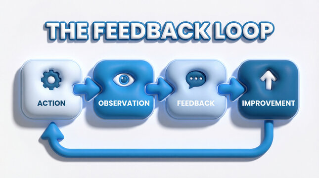 Feedback loop drives better decisions. 3D business diagram links action, observation, feedback, improvement in closed loop for process optimization, team learning, review cycles, product iteration
