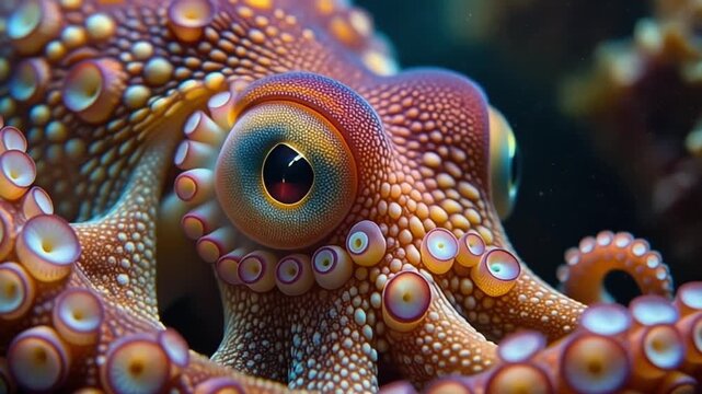 Macro Shot of Colorful Octopus Eye and Suction Cups Underwater