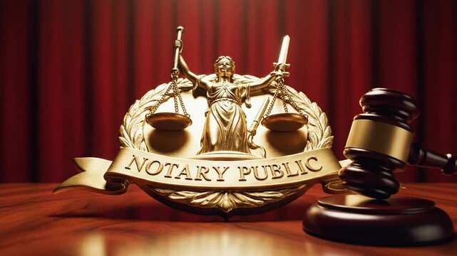 Majestic statue of Lady Justice Themis beside a wooden judge gavel against a background featuring a golden emblem of legal scales and law text for judicial concept.