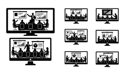 Naklejka premium Black and white vector set of online business meeting and presentation icons on monitor screens