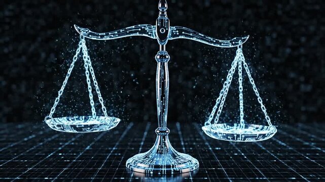 Glowing Digital Scale of Justice Icon Representing Modern Law and Legal System Integrity with Futuristic Graphic Design Element for Jurisprudence and Ethic Concept Visualization