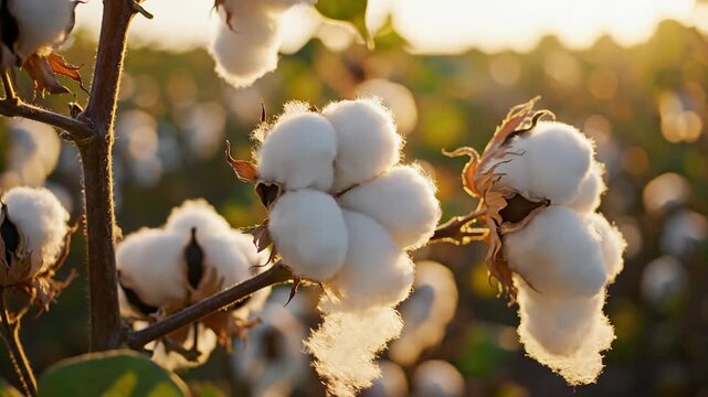 Close-up of ripe cotton bolls on a branch in a field at sunset, natural fiber agriculture