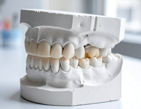 A dental model with upper and lower teeth on a white surface
