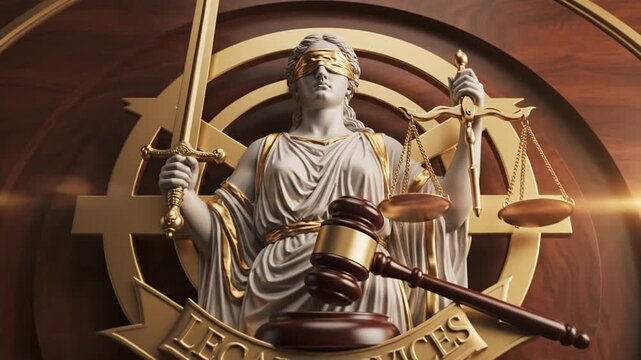 Legal Services Concept with Bronze Themis Statue and Wooden Judges Gavel Near Golden Scale Icon Representing Law Court Jurisprudence Advocacy and Judicial Authority in Professional Law Office