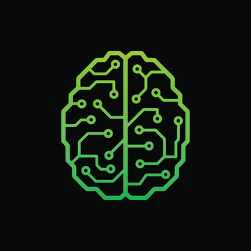 Luminous matrix green circuitry outlines a human brain. Black background contrasts with glowing neural pathways. Design suggests artificial intelligence and cognitive science. Ideal for tech, educatio