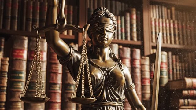 Golden statue of Themis the Greek goddess of justice holding scale and sword against a blurred background of library law books representing legal system order authority and judicial wisdom.