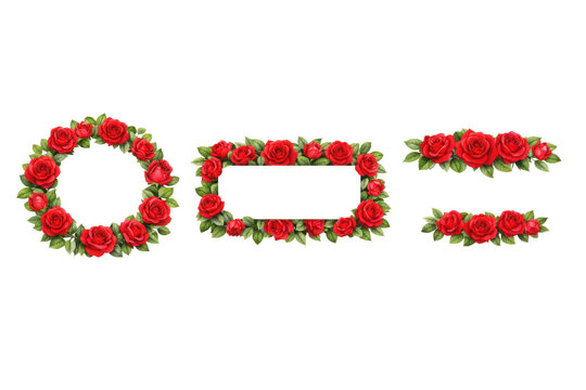 Elegant set of three red rose floral frames and borders, including a circular wreath, a rectangular frame, and two horizontal decorative elements, perfect for wedding invitations, greeting cards