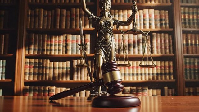 Justice Statue Themis Beside Wooden Gavel and Legal Hammer Resting on Desk with Law Book Background Representing Judicial Court System Order and Juridical Legislation Authority