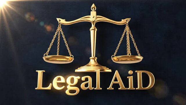 Golden legal aid symbol with scale of justice and typography representing judicial support, attorney advice, and law enforcement services on dark background for professional advocacy.