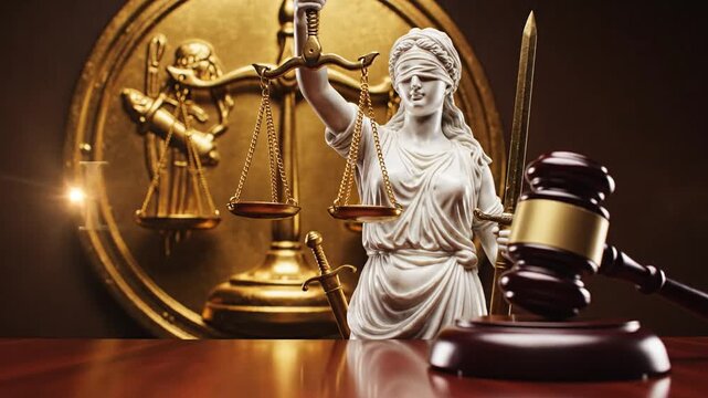 Professional legal advice concept featuring the statue of Themis and a judge's wooden gavel beside a radiant golden icon depicting the scales of justice and law text for judicial authority.