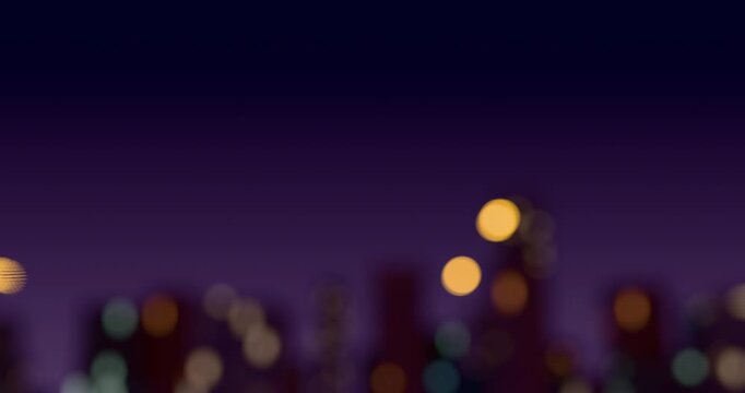 Abstract view of blurred city light from train. Defocused building lights from moving traffic on a urban night cityscape. Round colorful bokeh effect. 4K 3D rendering loop animation.